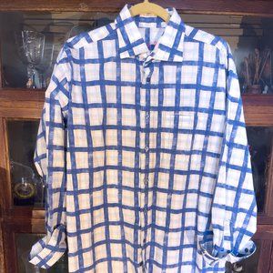 Bugatchi Uomo blue squres pattern button shirt. Size L